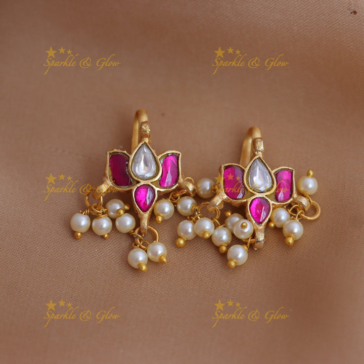 Stunning Jadau Kundan Lotus Motif Bugadi with Green-Pink Enamel and Pearl Drops