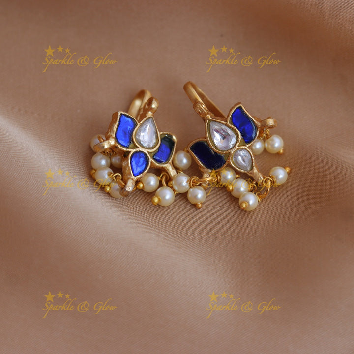 Stunning Jadau Kundan Lotus Motif Bugadi with Green-Pink Enamel and Pearl Drops