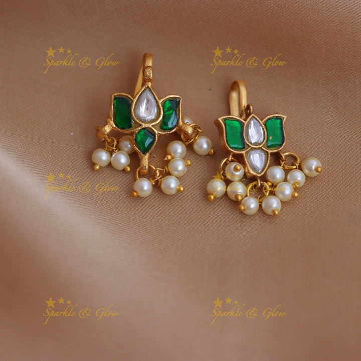 Stunning Jadau Kundan Lotus Motif Bugadi with Green-Pink Enamel and Pearl Drops