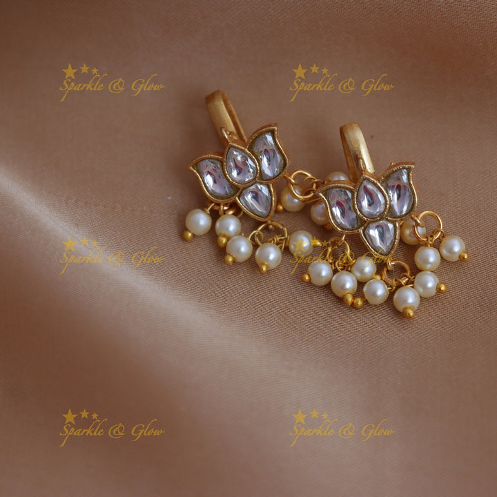 Stunning Jadau Kundan Lotus Motif Bugadi with Green-Pink Enamel and Pearl Drops