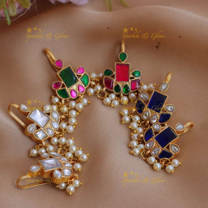 Elegant Jadau Kundan Multicolor Geometric Bugadi with Pearl Drops