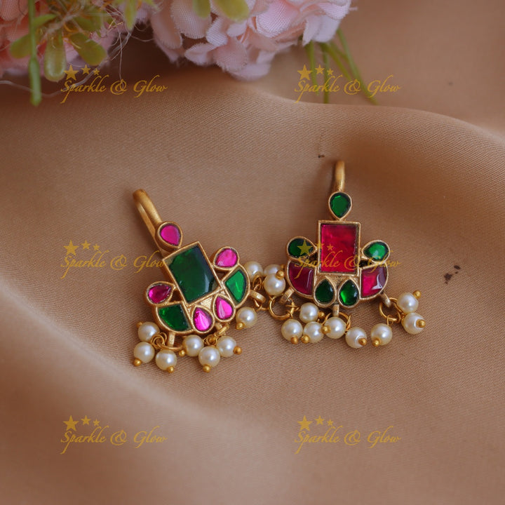 Elegant Jadau Kundan Multicolor Geometric Bugadi with Pearl Drops