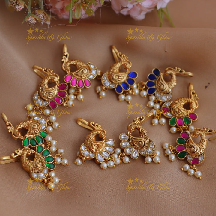 Stunning Jadau Kundan Peacock Bugadi with Green Enamel and Pearl Drops