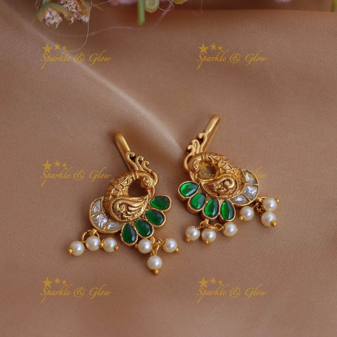 Stunning Jadau Kundan Peacock Bugadi with Green Enamel and Pearl Drops