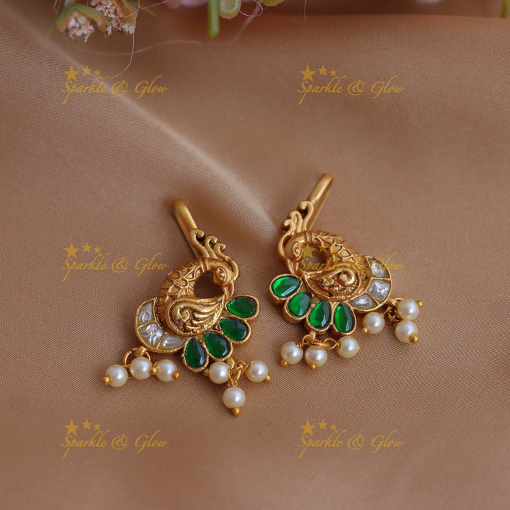 Stunning Jadau Kundan Peacock Bugadi with Green Enamel and Pearl Drops
