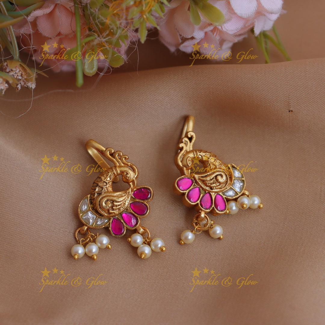 Stunning Jadau Kundan Peacock Bugadi with Green Enamel and Pearl Drops