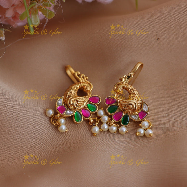 Stunning Jadau Kundan Peacock Bugadi with Green Enamel and Pearl Drops