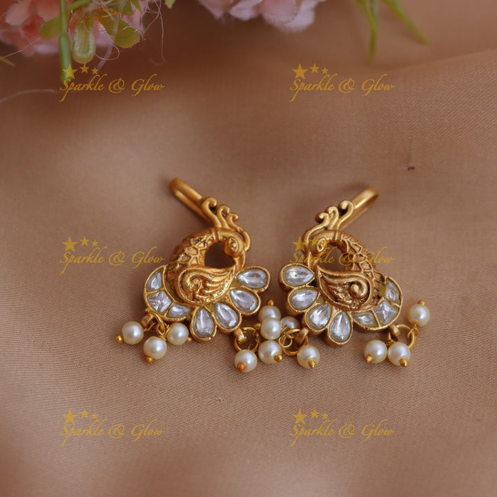 Stunning Jadau Kundan Peacock Bugadi with Green Enamel and Pearl Drops