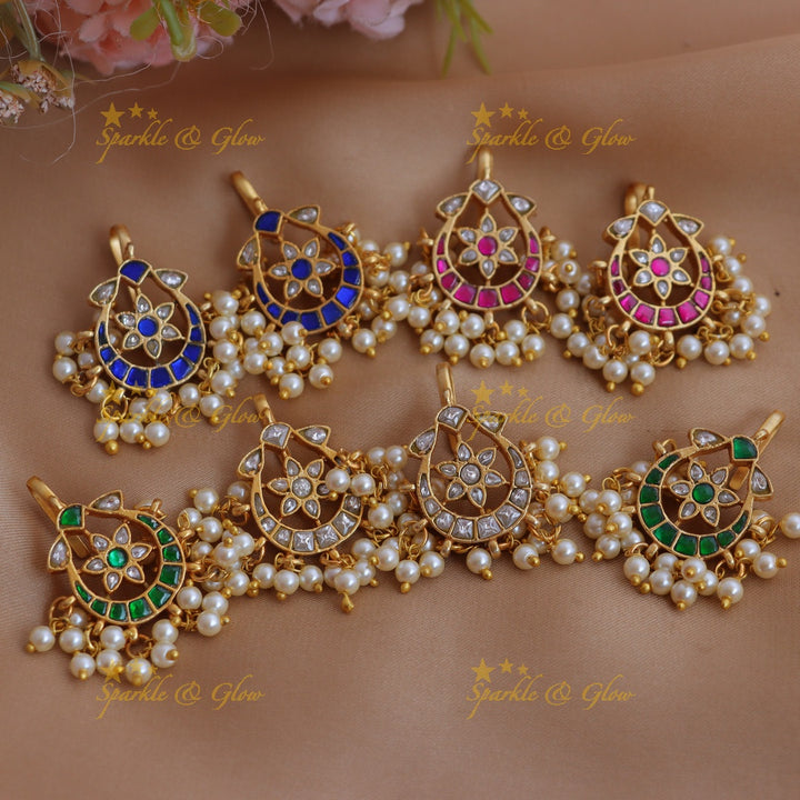 Gracious Half Moon Floral Jadau Kundan Bugadi Earrings with Pearl Drops