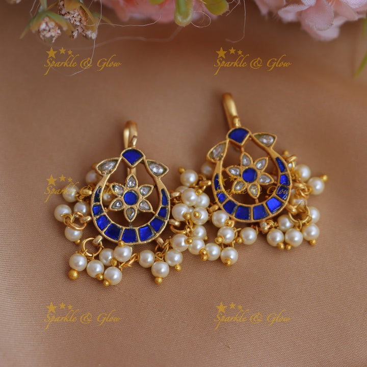 Gracious Half Moon Floral Jadau Kundan Bugadi Earrings with Pearl Drops
