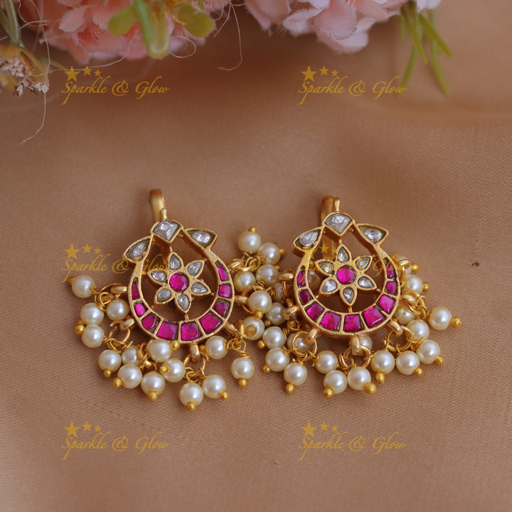 Gracious Half Moon Floral Jadau Kundan Bugadi Earrings with Pearl Drops