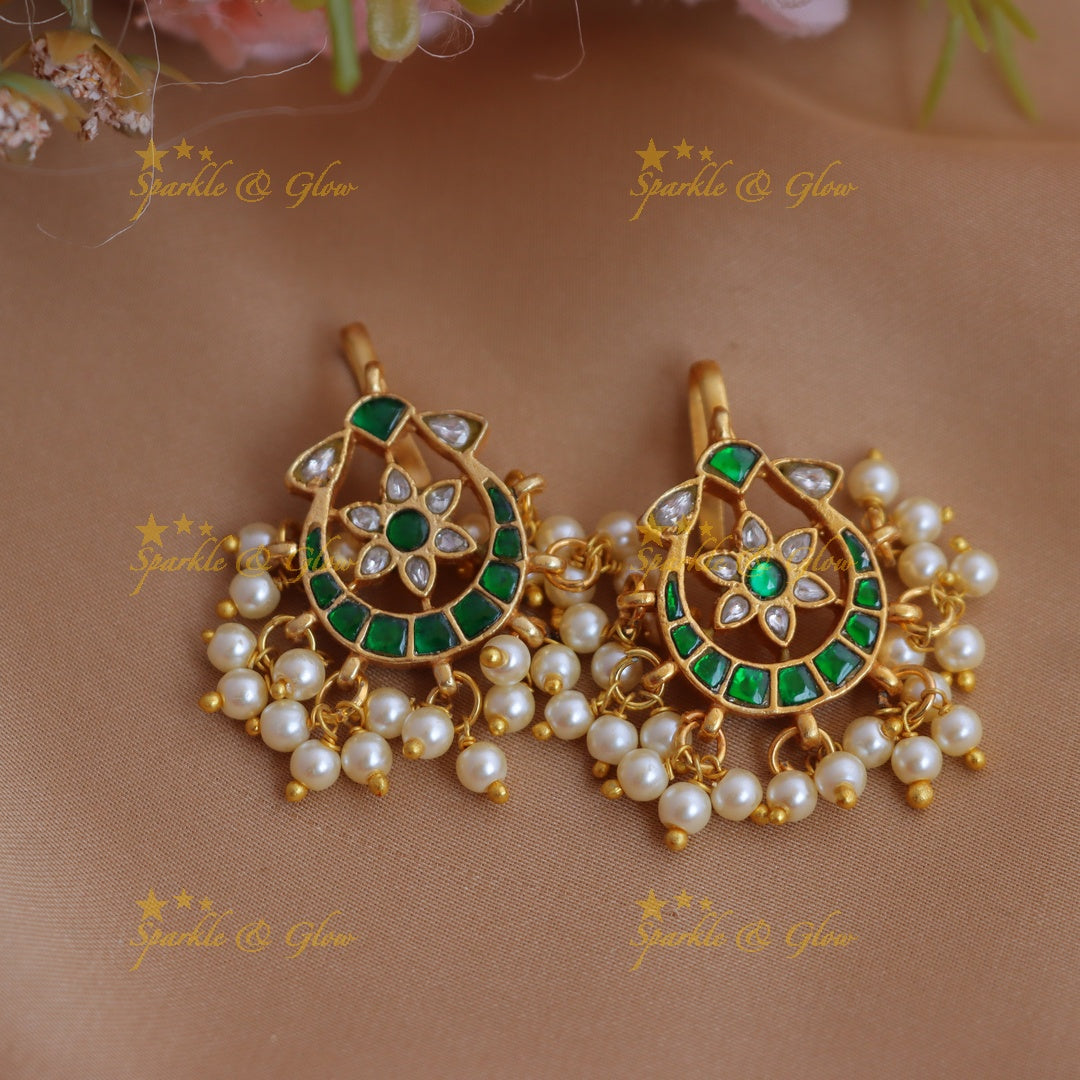 Gracious Half Moon Floral Jadau Kundan Bugadi Earrings with Pearl Drops