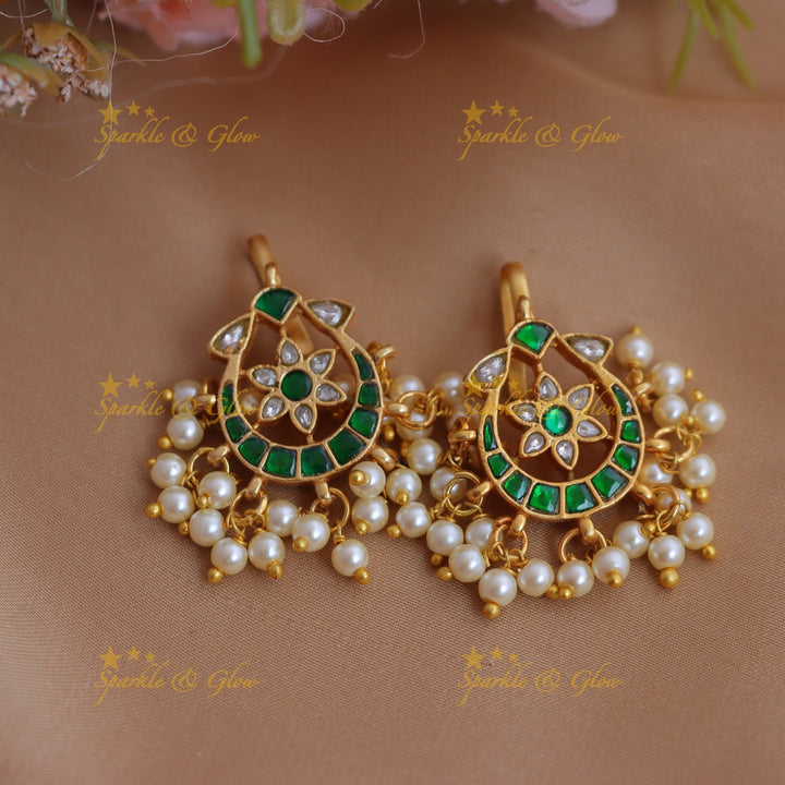 Gracious Half Moon Floral Jadau Kundan Bugadi Earrings with Pearl Drops