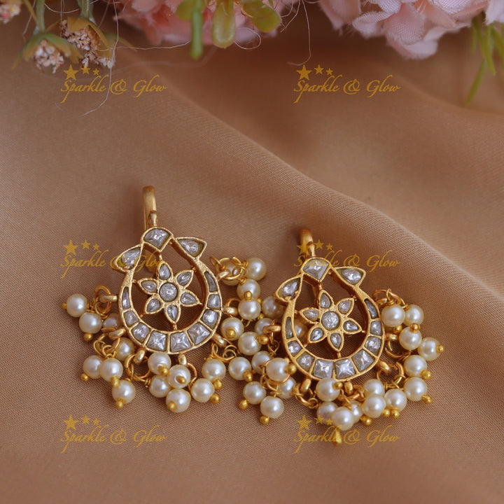 Gracious Half Moon Floral Jadau Kundan Bugadi Earrings with Pearl Drops