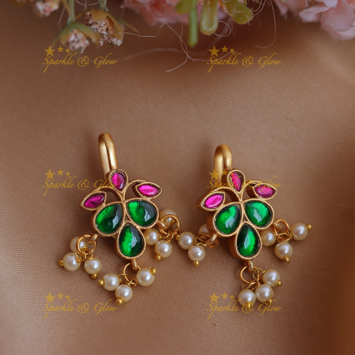 Stunning Leaf Floral Jadau kundan Bugadi earrings with Pearl drops