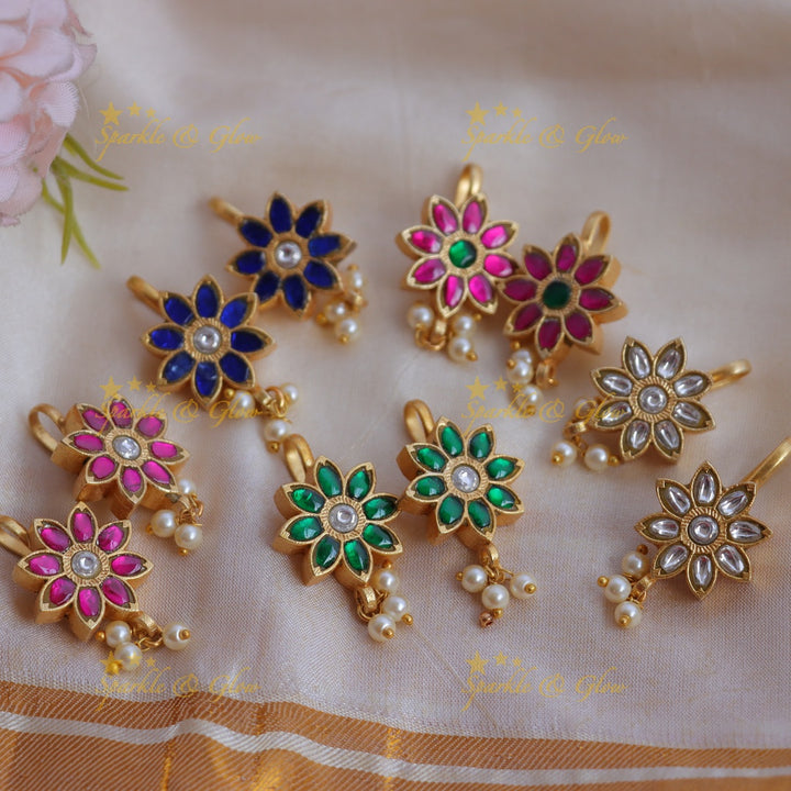 Elegant Jadau Kundan Sunflower design Bugadi Earrings with Pearl Drops