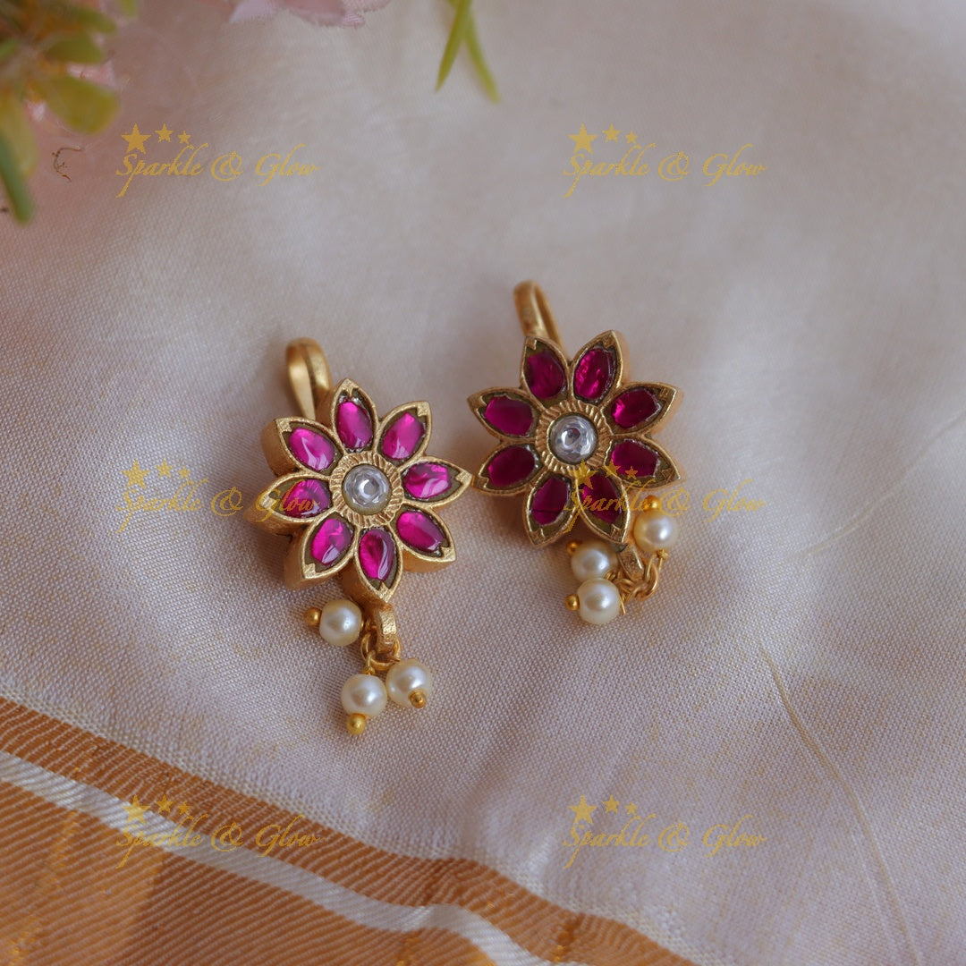 Elegant Jadau Kundan Sunflower design Bugadi Earrings with Pearl Drops