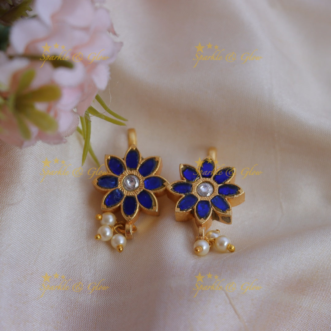 Elegant Jadau Kundan Sunflower design Bugadi Earrings with Pearl Drops