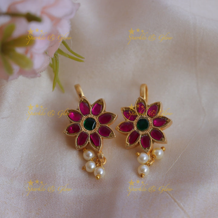 Elegant Jadau Kundan Sunflower design Bugadi Earrings with Pearl Drops