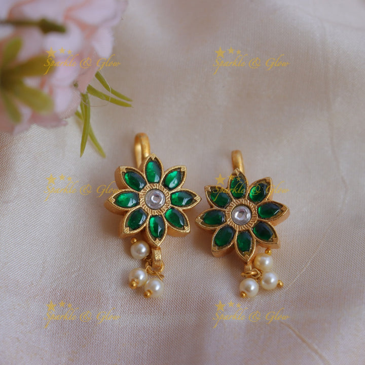 Elegant Jadau Kundan Sunflower design Bugadi Earrings with Pearl Drops