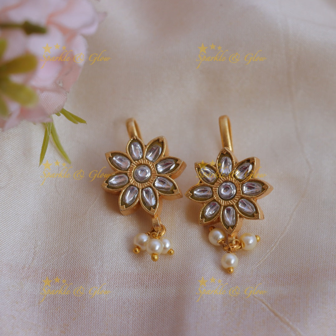 Elegant Jadau Kundan Sunflower design Bugadi Earrings with Pearl Drops