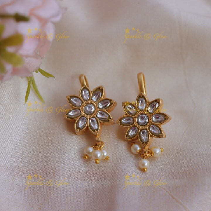 Elegant Jadau Kundan Sunflower design Bugadi Earrings with Pearl Drops