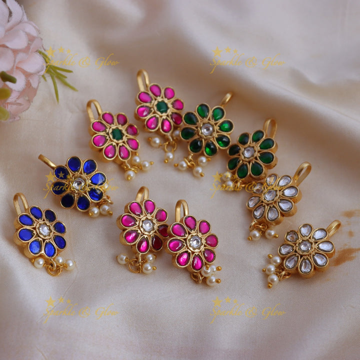 Stunning Enamel Jadau Kundan Floral Bugadi Earrings with Pearl Drops