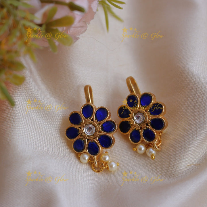 Stunning Enamel Jadau Kundan Floral Bugadi Earrings with Pearl Drops