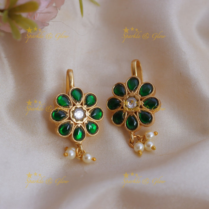 Stunning Enamel Jadau Kundan Floral Bugadi Earrings with Pearl Drops