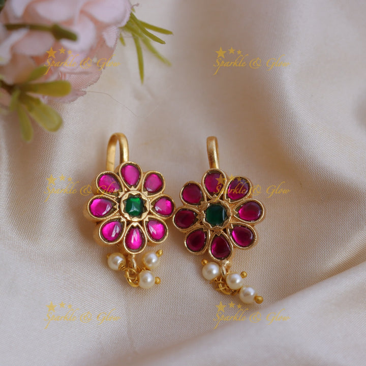 Stunning Enamel Jadau Kundan Floral Bugadi Earrings with Pearl Drops