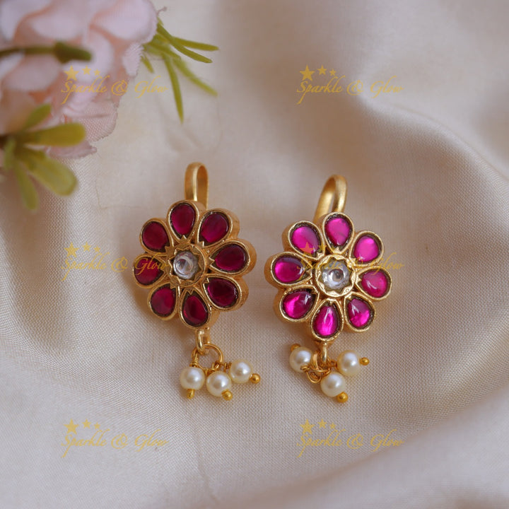 Stunning Enamel Jadau Kundan Floral Bugadi Earrings with Pearl Drops