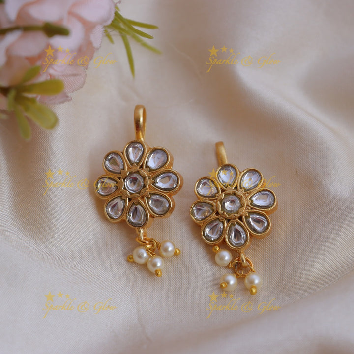 Stunning Enamel Jadau Kundan Floral Bugadi Earrings with Pearl Drops