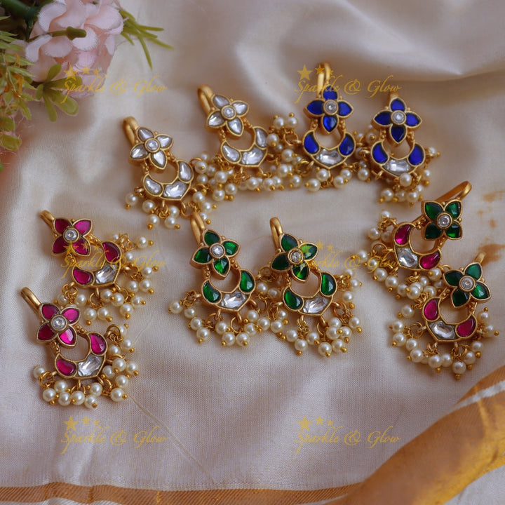 Elegant Jadau Kundan Floral Meenakari Bugadi Earrings with Pearl Drops