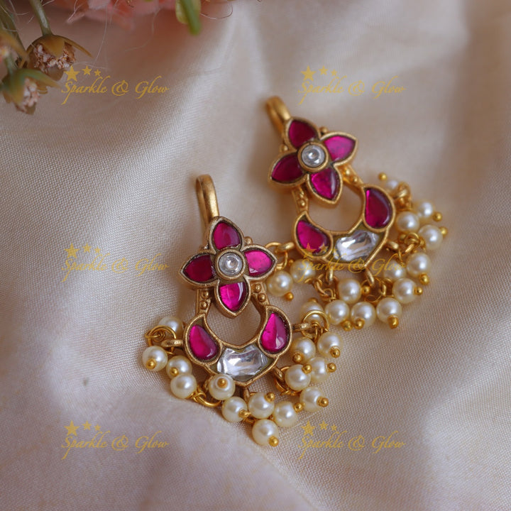 Elegant Jadau Kundan Floral Meenakari Bugadi Earrings with Pearl Drops