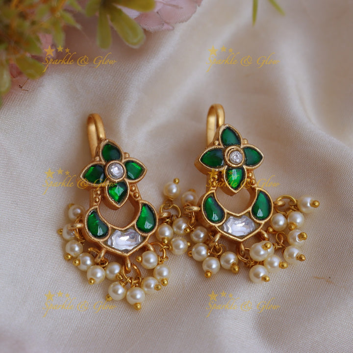 Elegant Jadau Kundan Floral Meenakari Bugadi Earrings with Pearl Drops