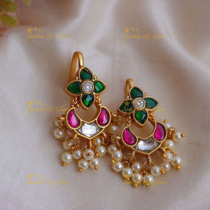 Elegant Jadau Kundan Floral Meenakari Bugadi Earrings with Pearl Drops