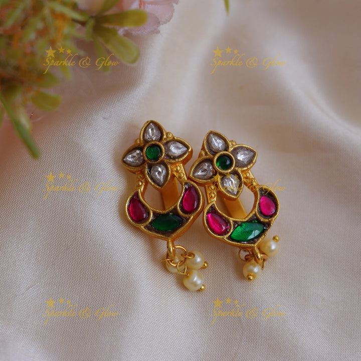 Elegant Jadau Kundan Floral Meenakari Bugadi Earrings with Pearl Drops