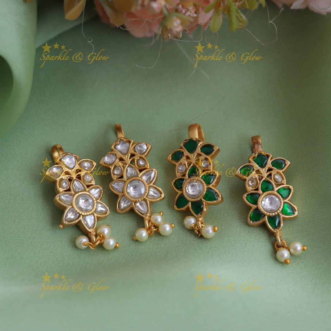 Elegant Jadau Kundan Floral Bugadi Earrings with Pearl Drops