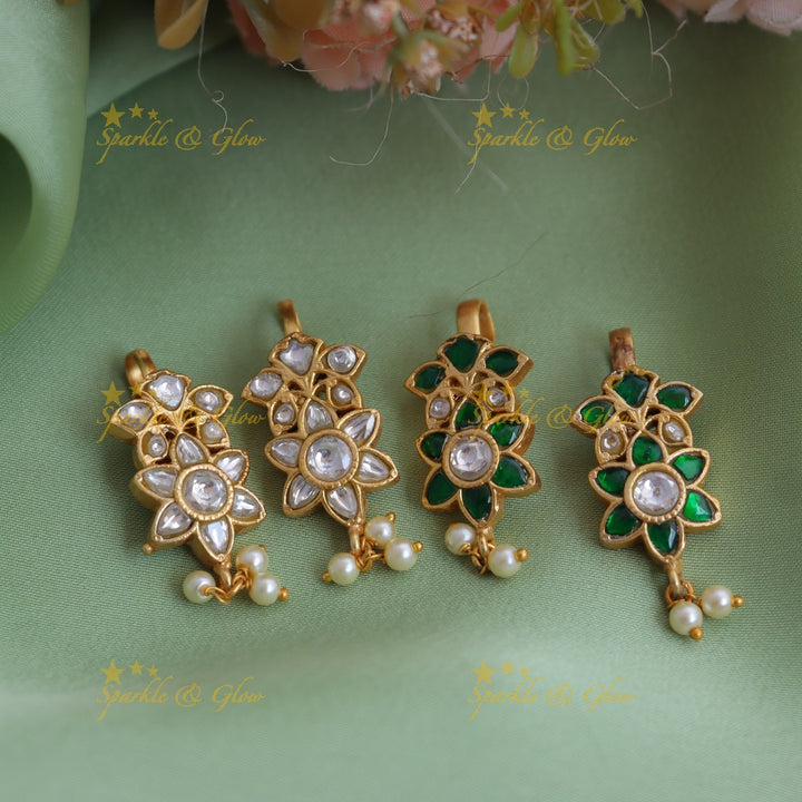 Elegant Jadau Kundan Floral Bugadi Earrings with Pearl Drops