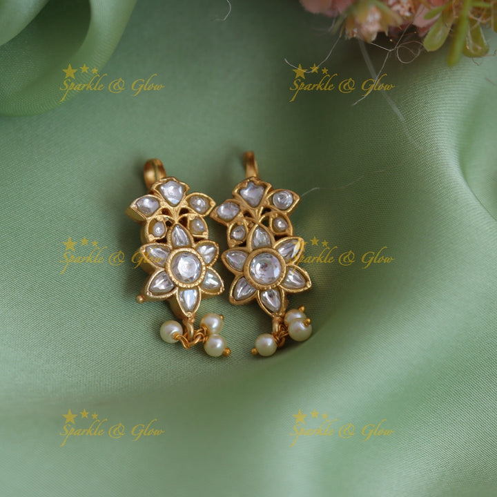Elegant Jadau Kundan Floral Bugadi Earrings with Pearl Drops