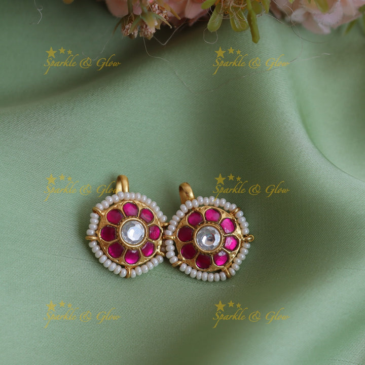 Statement Jadau Kundan Meenakari Round Bugadi Earrings with Pearl Border