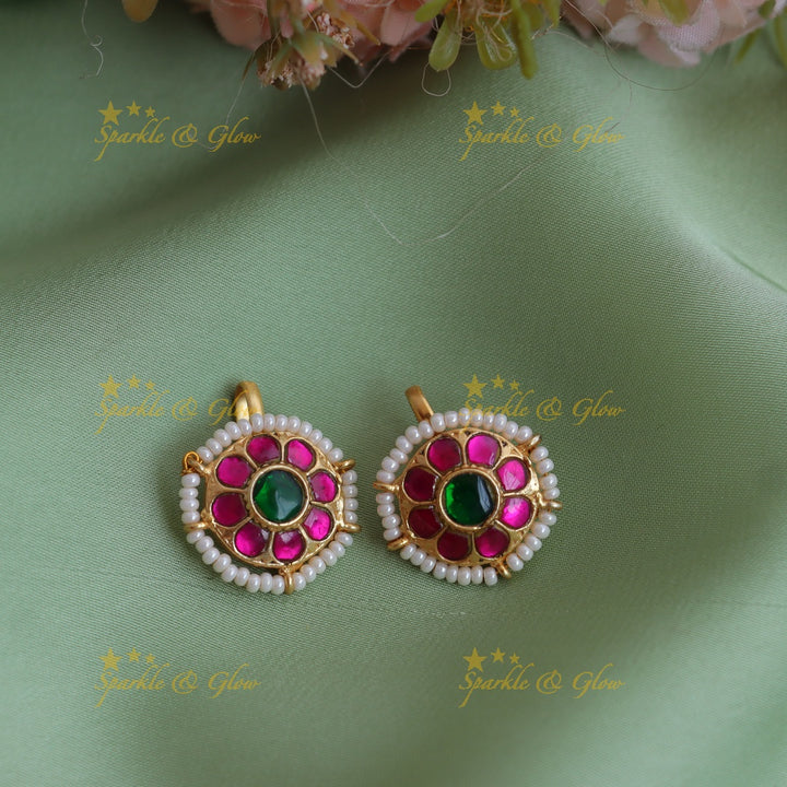 Statement Jadau Kundan Meenakari Round Bugadi Earrings with Pearl Border