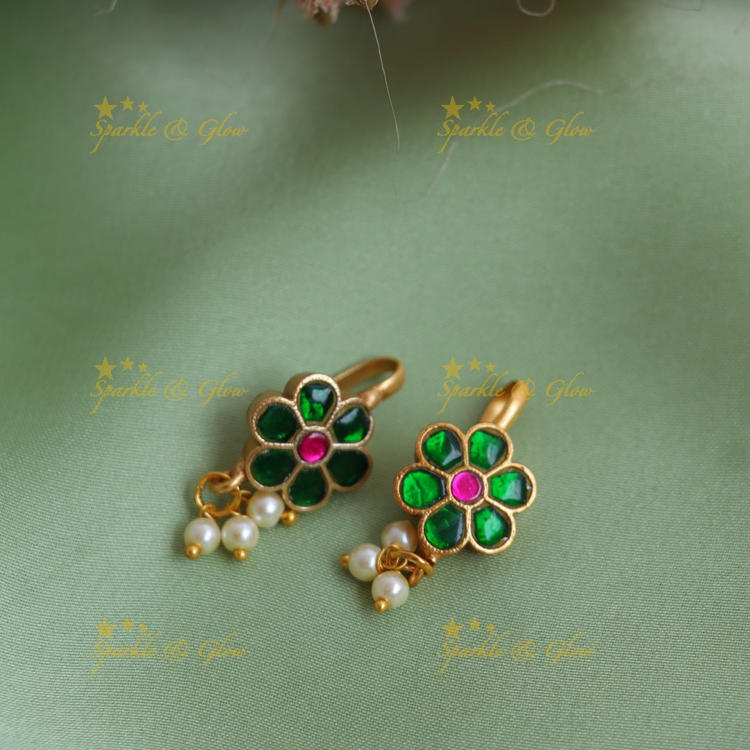 Beautiful Jadau Kundan Green Floral Meenakari Bugadi Earrings with Pearl Drops
