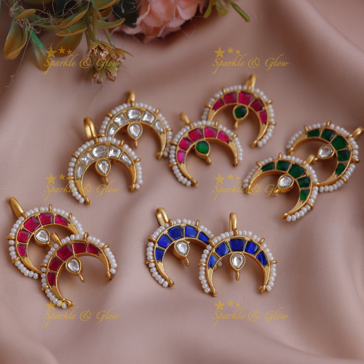 Stunning Crescent Jadau Kundan Meenakari Bugadi Earrings with Pearl Border