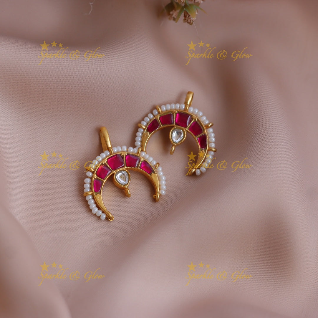 Stunning Crescent Jadau Kundan Meenakari Bugadi Earrings with Pearl Border