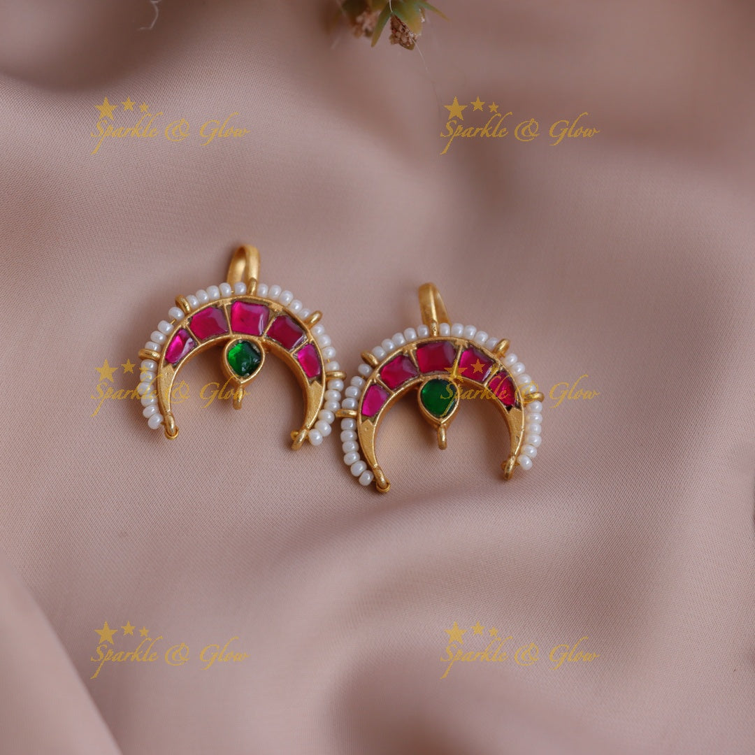 Stunning Crescent Jadau Kundan Meenakari Bugadi Earrings with Pearl Border