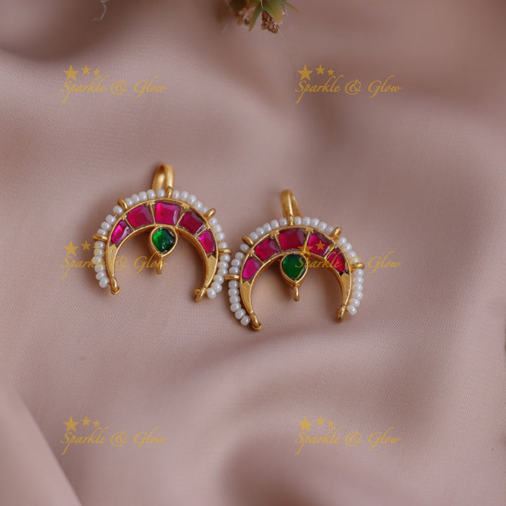 Stunning Crescent Jadau Kundan Meenakari Bugadi Earrings with Pearl Border