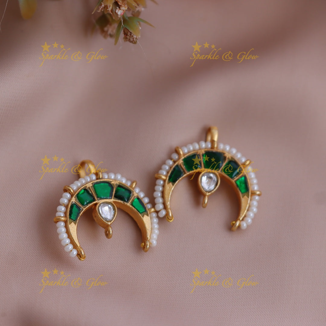 Stunning Crescent Jadau Kundan Meenakari Bugadi Earrings with Pearl Border