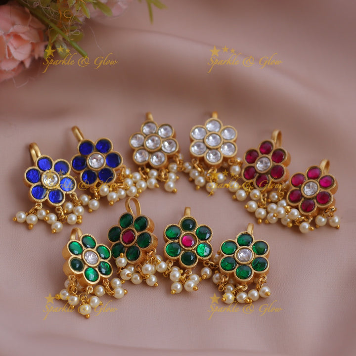 Statement Jadau Kundan Floral Meenakari Bugadi Earrings with Pearl Drops
