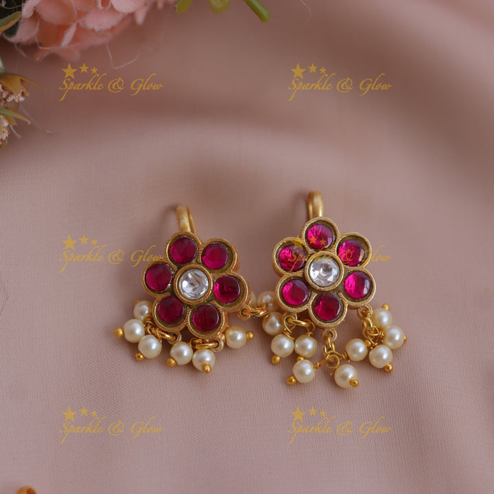 Statement Jadau Kundan Floral Meenakari Bugadi Earrings with Pearl Drops